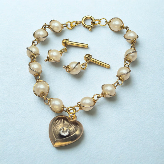 Pearl Beaded Gold Heart Rhinestone Center Necklace & Earrings • 18 Inch Fashion Doll Jewelry