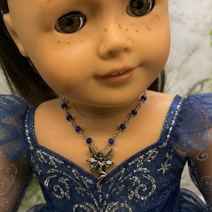 Silver-Tone Fairy Pendant Blue Glass Crystal Beaded Doll Necklace • 18 Inch Fashion Doll Jewelry