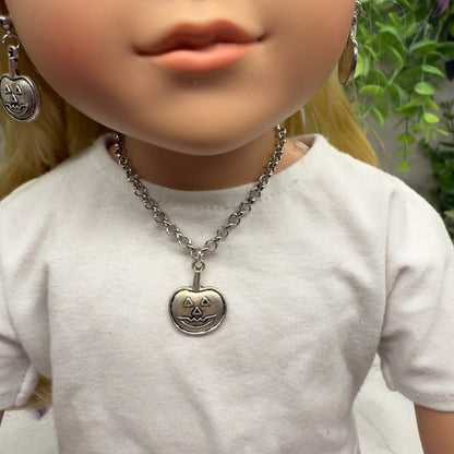 Silver Pumpkin Jack-O-Lantern Halloween Charm Doll Necklace and Earrings Set • 18 Inch Fashion Doll Jewelry