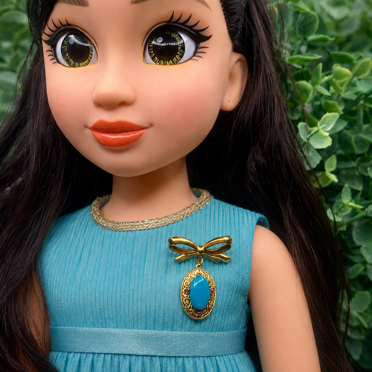 Turquoise Blue Acrylic Accent Gold Oval Filigree Design Dangle Doll Brooch