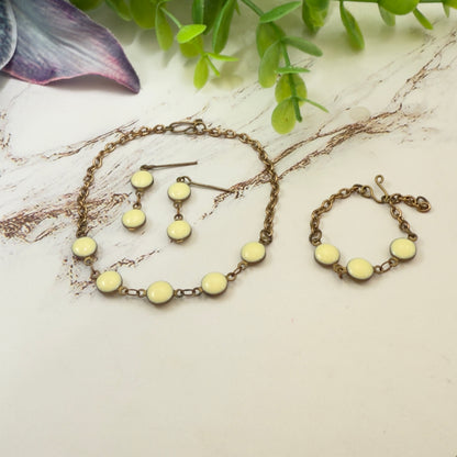 Cream Color & Brass Bronze Tone Round Link Doll Necklace Bracelet Earrings • 18 Inch Fashion Doll Jewelry