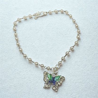 Turquoise Green Blue Butterfly Charm Pearl Beaded Doll Necklace • 18 Inch Fashion Doll Jewelry