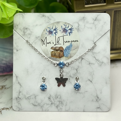 Blue Rhinestone Silver Butterfly Charm Doll Necklace & Earrings for 10-12 Inch Fashion Dolls 1:6