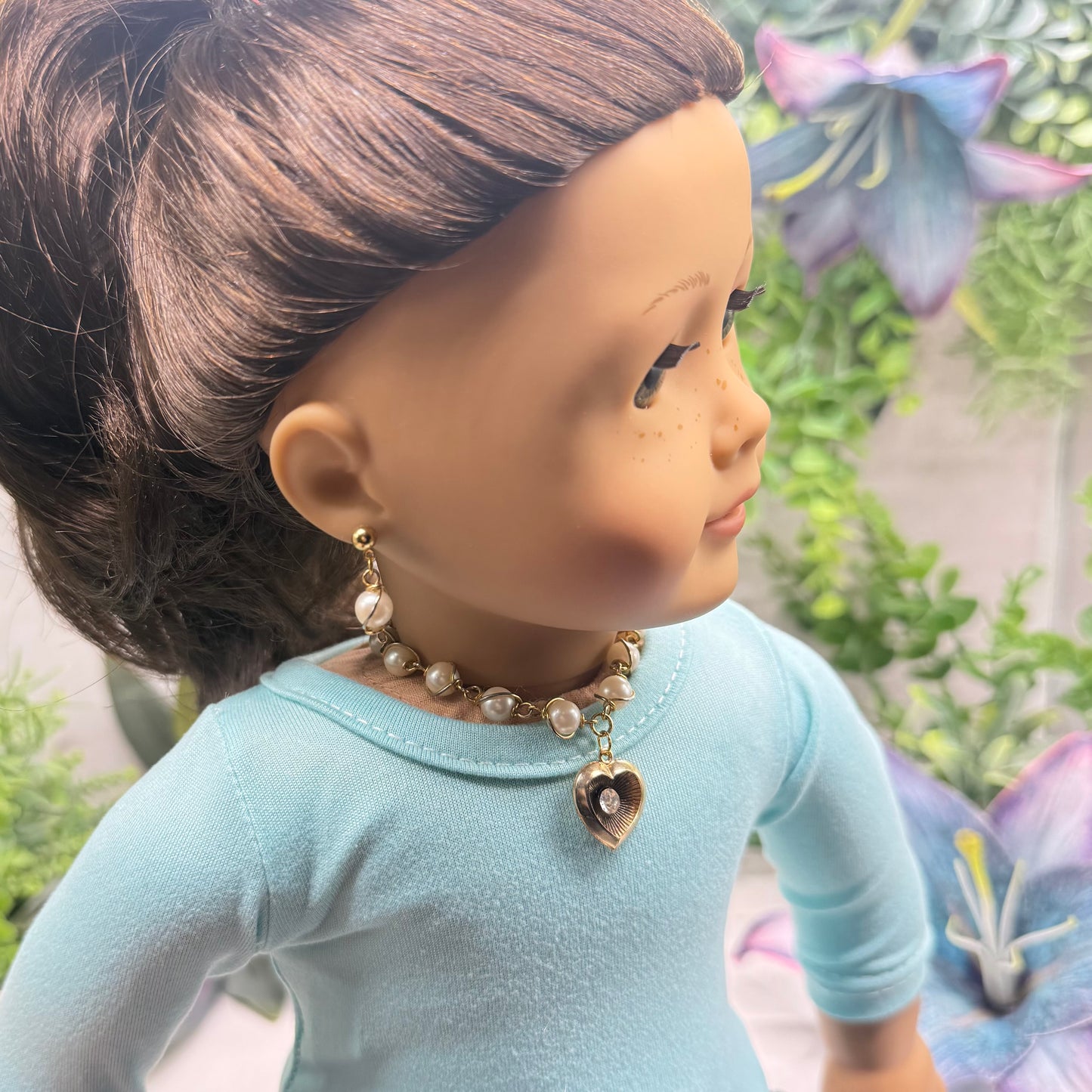 Pearl Beaded Gold Heart Rhinestone Center Necklace & Earrings • 18 Inch Fashion Doll Jewelry