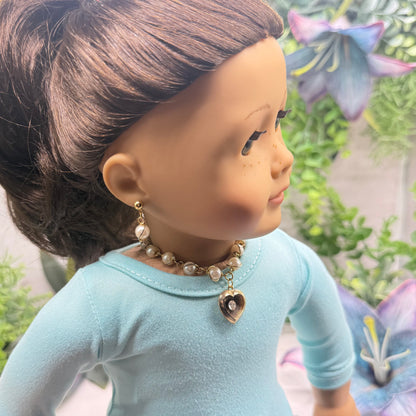 Pearl Beaded Gold Heart Rhinestone Center Necklace & Earrings • 18 Inch Fashion Doll Jewelry