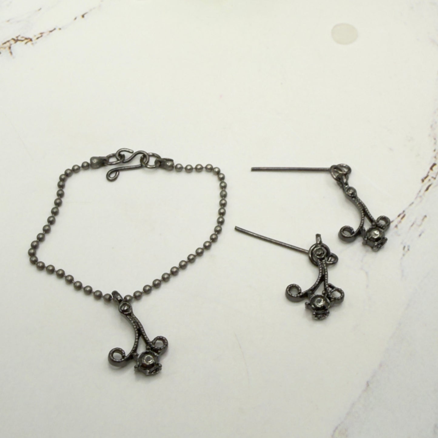Black Dark Scroll Design Gray Metallic Rhinestone Ball Chain Doll Necklace & Earrings • 16 Inch Fashion Doll Jewelry