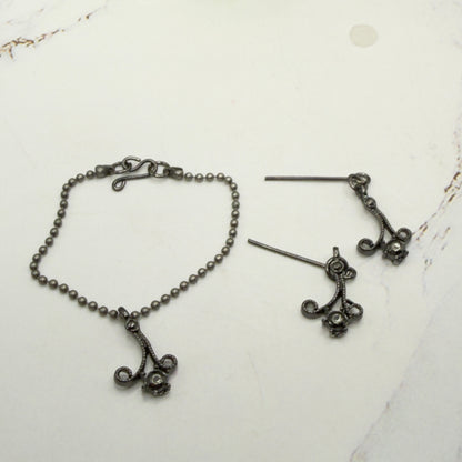 Black Dark Scroll Design Gray Metallic Rhinestone Ball Chain Doll Necklace & Earrings • 16 Inch Fashion Doll Jewelry
