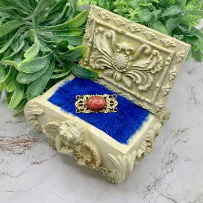 Gold Tone Filigree Design Rectangular Coral Accented Doll Pin • Doll Brooch