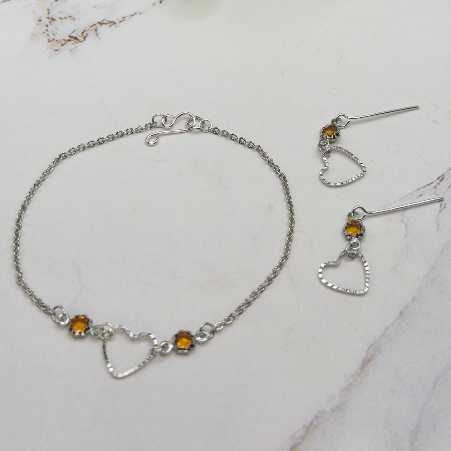 Amber Yellow Crystal Silver OpenHeart Charm Doll Necklace & Earrings • 18 Inch Fashion Doll Jewelry