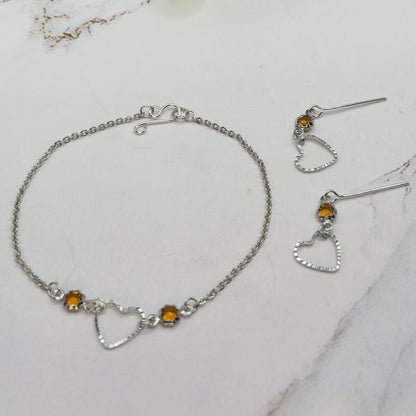 Amber Yellow Crystal Silver OpenHeart Charm Doll Necklace & Earrings • 18 Inch Fashion Doll Jewelry