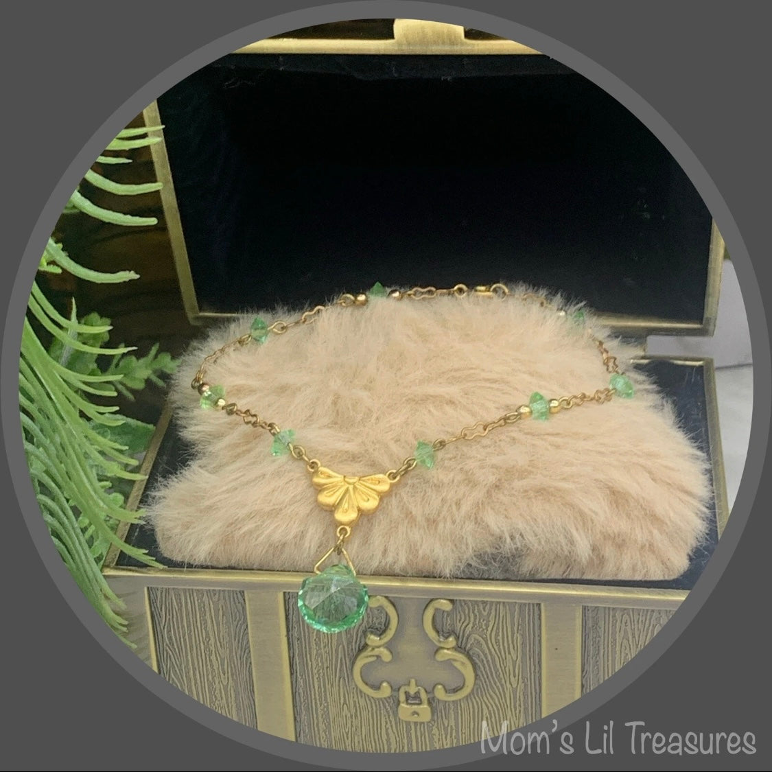 Green Glass Crystal Pendant Gold Doll Necklace • 18 Inch Fashion Doll Jewelry