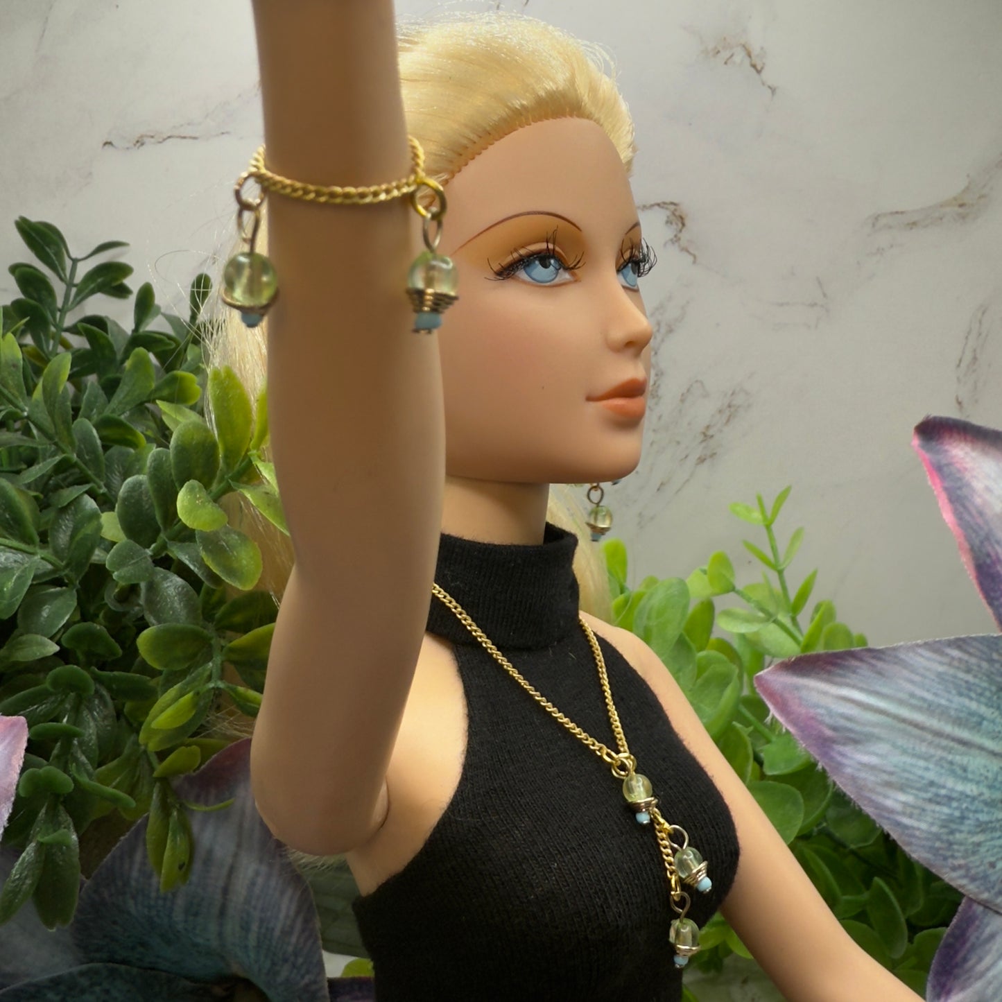 Green Blue Dangle Tassel Style Doll Necklace & Earrings Set • 16 Inch Fashion Doll Jewelry •