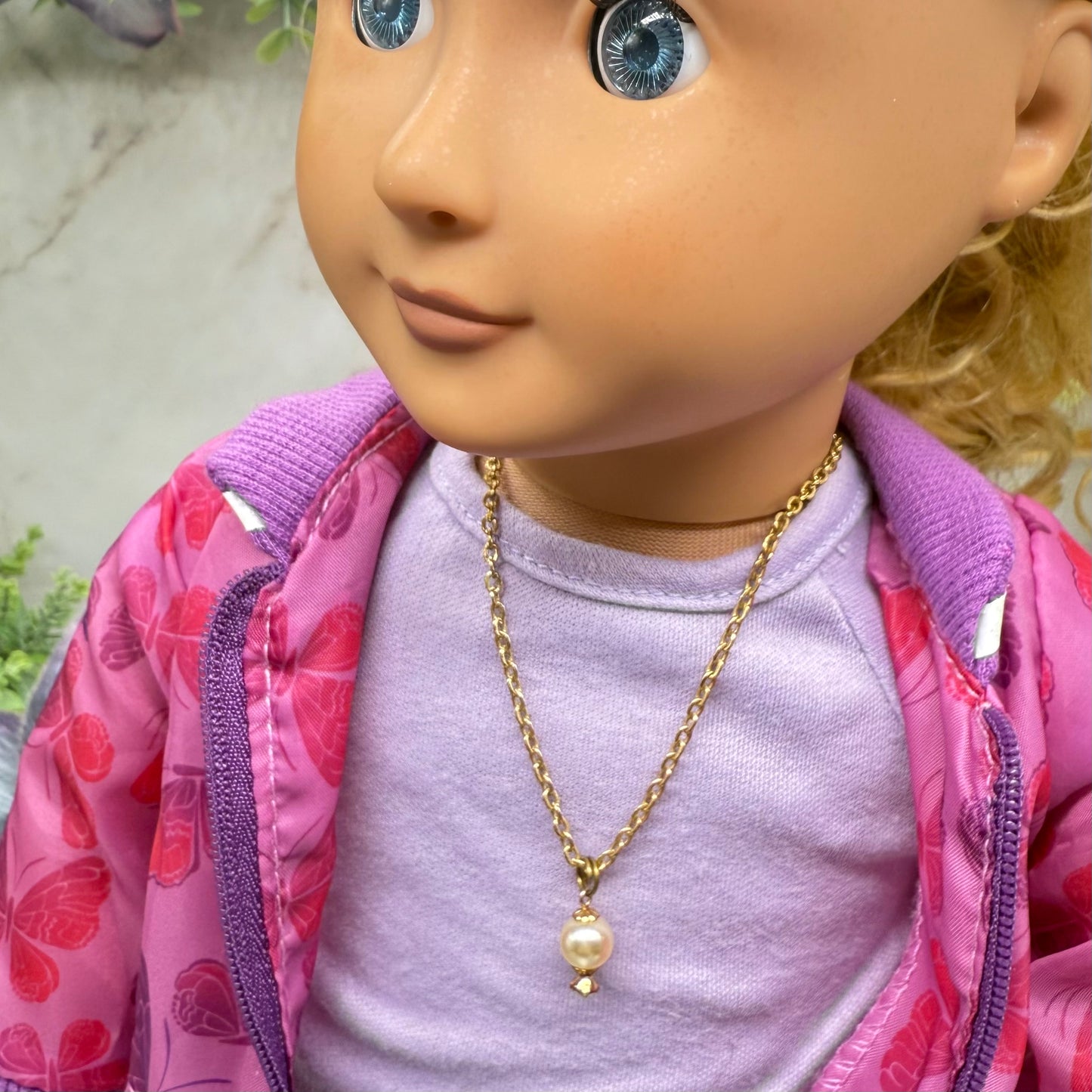 Pearl Drop Light Purple Rhinestone Gold Chain Doll Necklace • 18 Inch Fashion Doll Jewelry