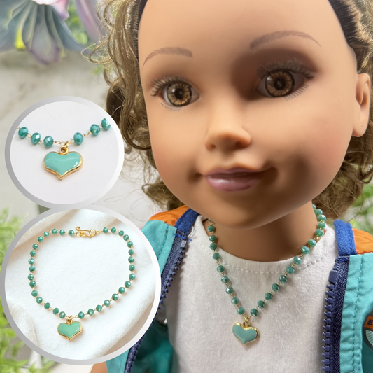 Turquoise Green Heart Charm Glass Beaded Doll Necklace • 18 Inch Fashion Doll Jewelry