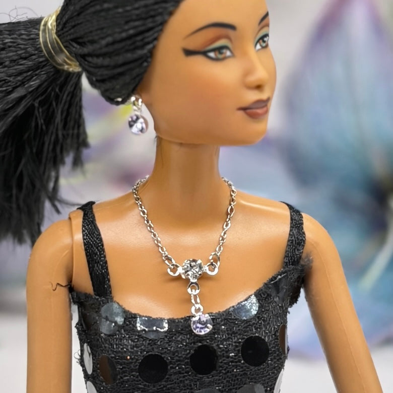 Misty Purple & Clear Rhinestone Y-Style Silver  Doll Necklace & Earrings for 10-12 Inch Fashion Doll1