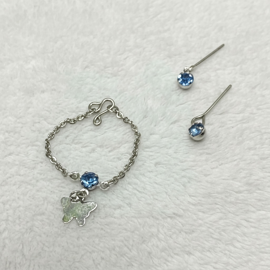Blue Rhinestone Silver Butterfly Charm Doll Necklace & Earrings for 10-12 Inch Fashion Dolls 1:6