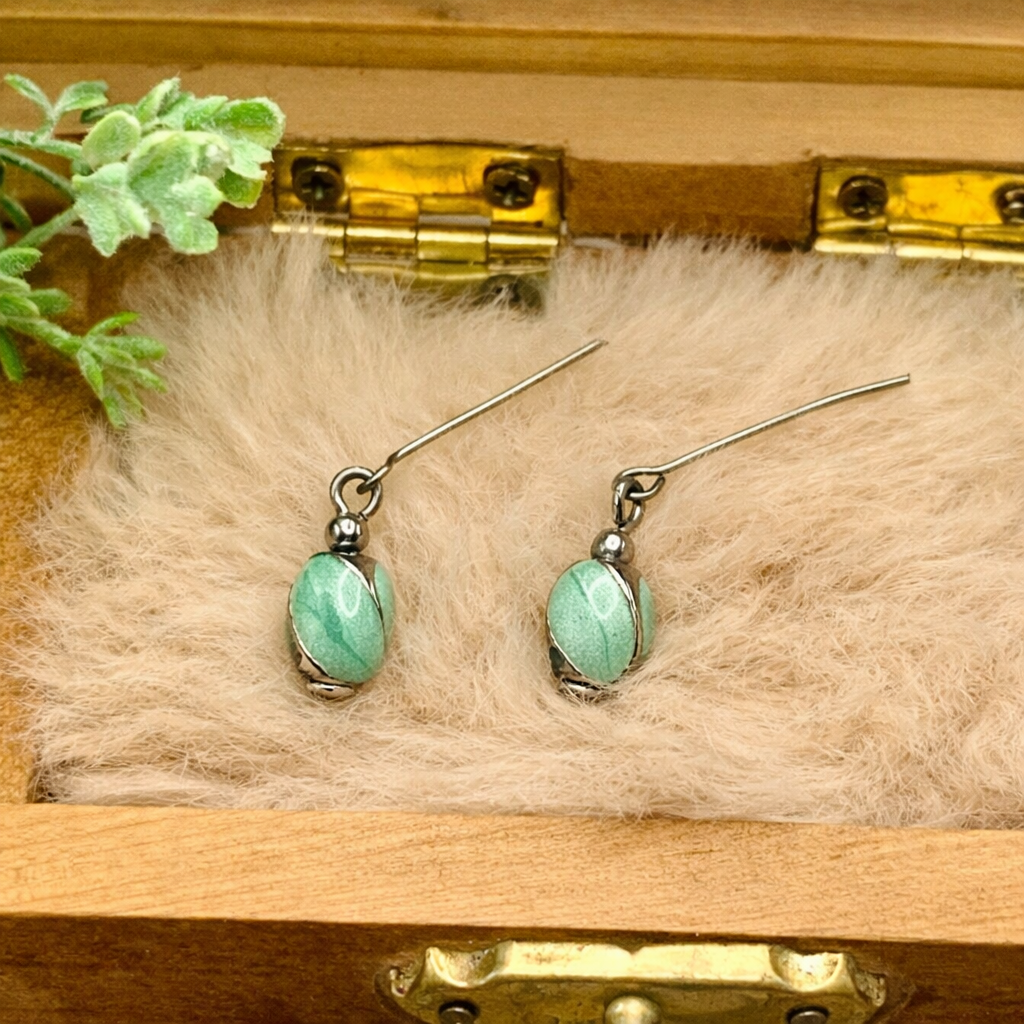 Green Enamel Swirl Silver Tone Dangle Doll Earrings · 14 Inch Doll Jewelry