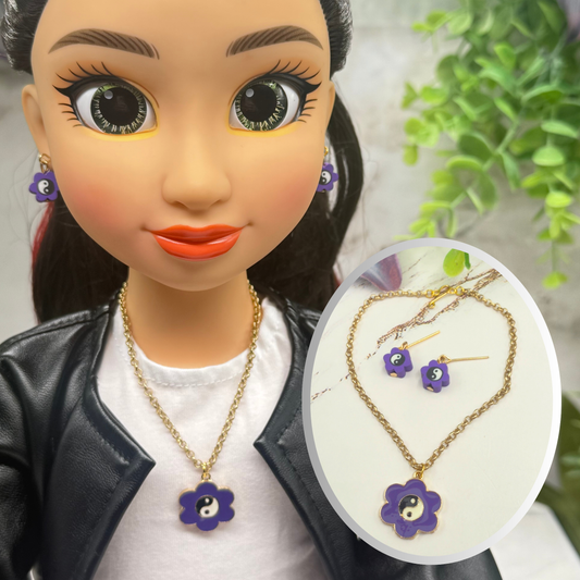 Yin-Yang Purple Flower Charm Doll Necklace &  Earrings • 18 Inch Fashion Doll Jewelry