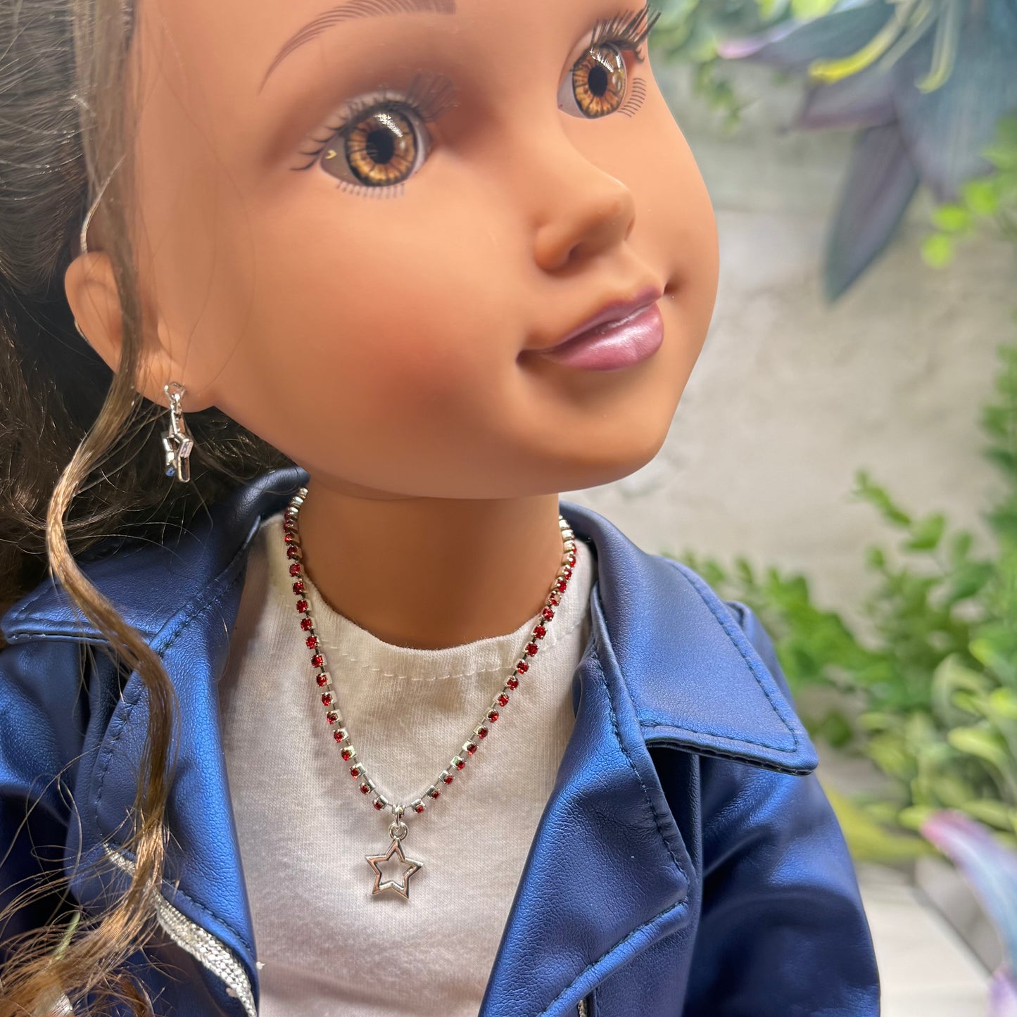 Red Rhinestone Silver Star Charm Doll Necklace & Earrings Set for 18 Inch Fashion Doll