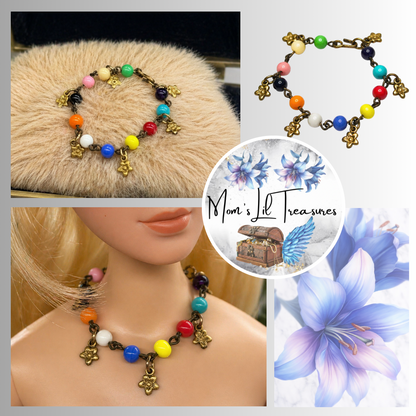 Multi Color Glass Bead Dangle Flower Charm Doll Necklace • 16 Inch Doll Jewelry
