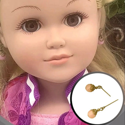 Pink Brass Tone Filigree Glass Drop Dangle Doll Earrings • 18 Inch Doll Jewelry