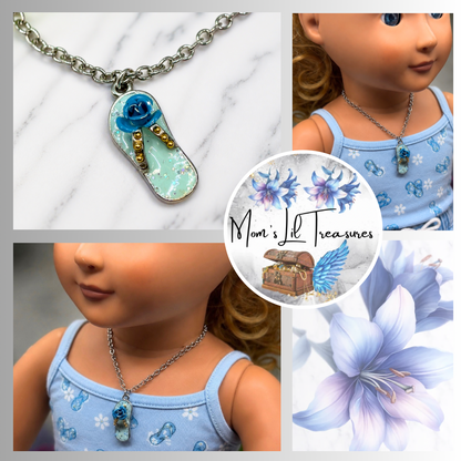 Blue Flip Flip Sandal Rose Accent Charm Silver Doll Necklace for 18 Inch Fashion Doll Jewelry