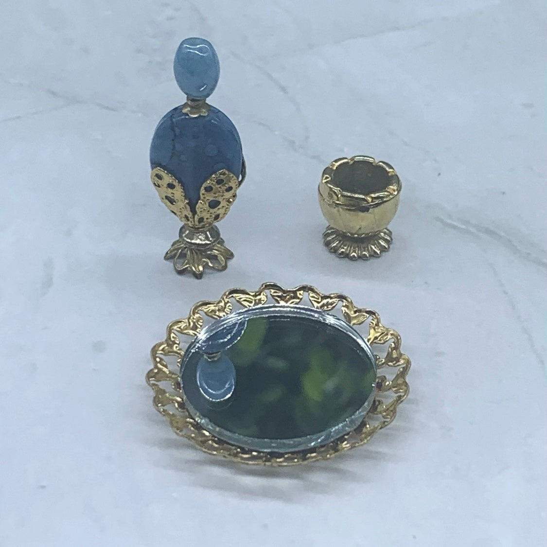 Blue Perfume Bottle and Mirrored Gold Vanity Tray Set • Dollhouse Miniatures
