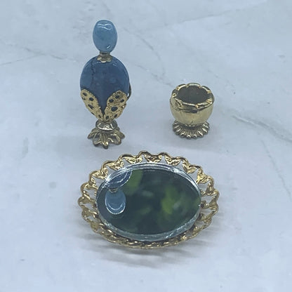 Blue Perfume Bottle and Mirrored Gold Vanity Tray Set • Dollhouse Miniatures