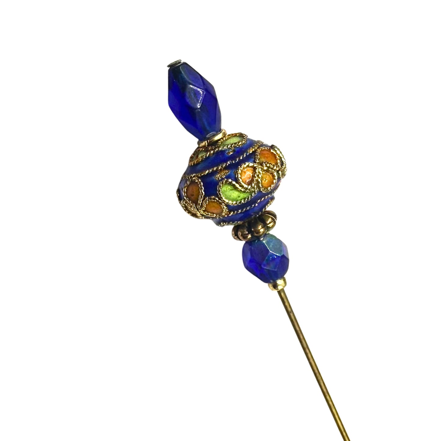 Cobalt Blue Crystal Bright Color Floral Swirl Design Cloisonné - 6 Inch • Hatpin - Stick Pin