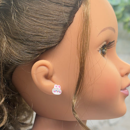 White Pink Bunny Easter Post Doll Earrings • 18 Inch Fashion Doll Jewelry