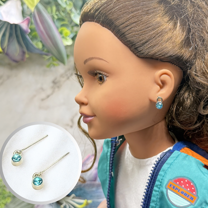 Round Turquoise Blue Rhinestone Silver Doll Earrings • 18 Inch Fashion Doll Jewelry