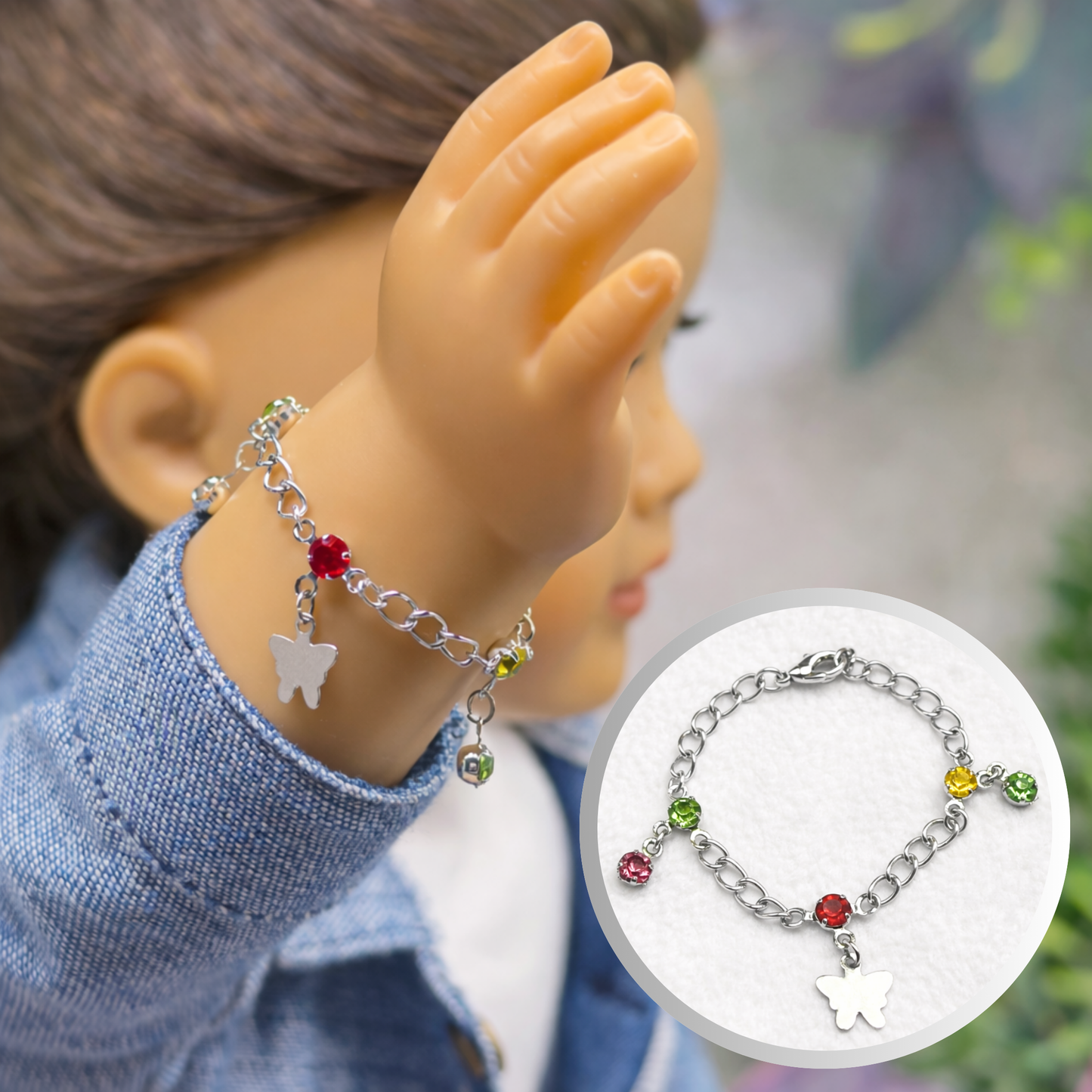 Butterfly Silver Charm and Multi-Color Rhinestone Dangle Doll Bracelet • 18 Inch Fashion Doll Jewelry