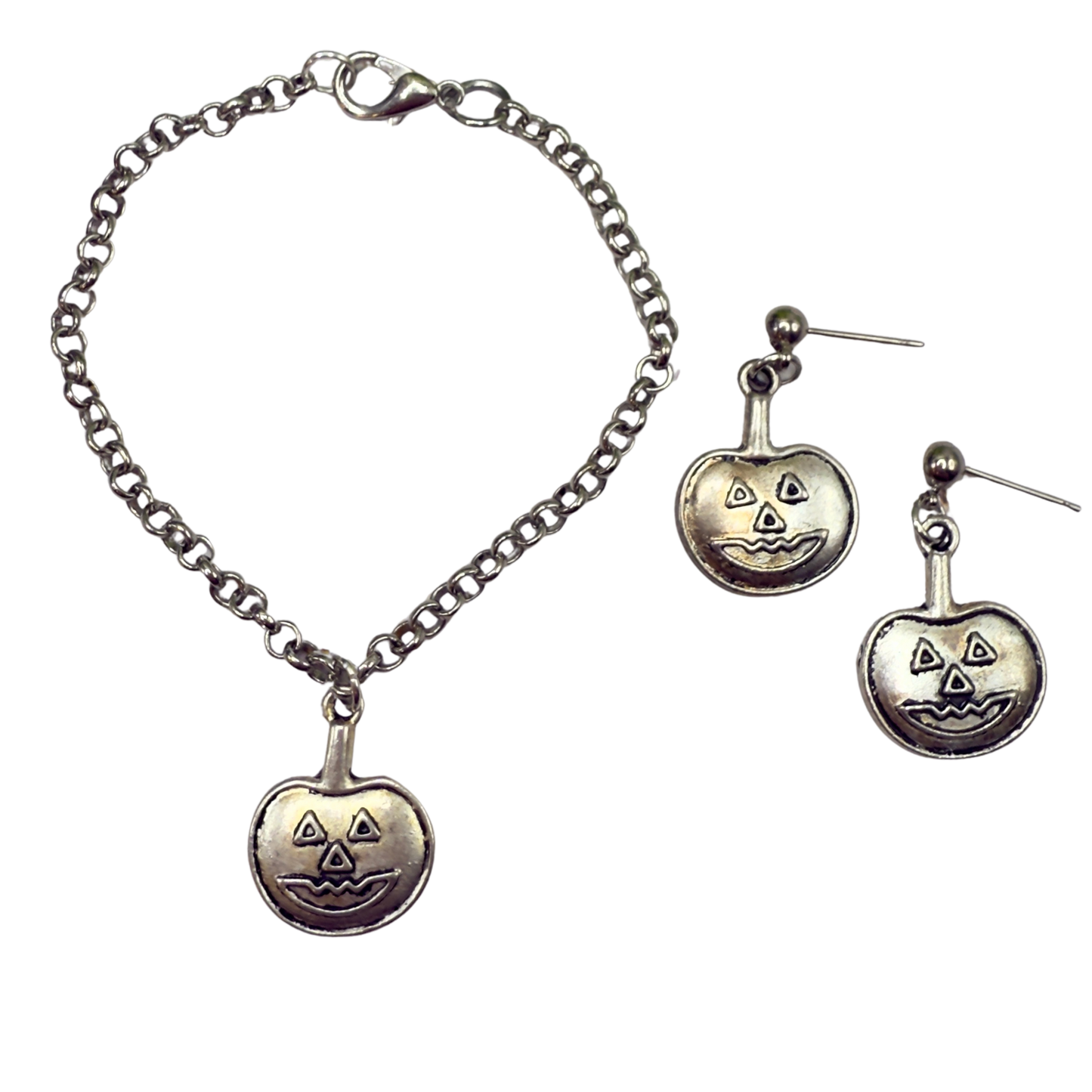 Silver Pumpkin Jack-O-Lantern Halloween Charm Doll Necklace and Earrings Set • 18 Inch Fashion Doll Jewelry