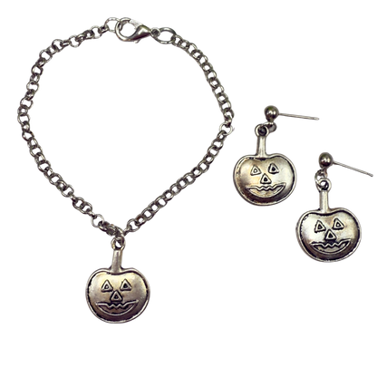 Silver Pumpkin Jack-O-Lantern Halloween Charm Doll Necklace and Earrings Set • 18 Inch Fashion Doll Jewelry