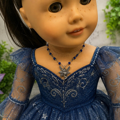 Silver-Tone Fairy Pendant Blue Glass Crystal Beaded Doll Necklace • 18 Inch Fashion Doll Jewelry
