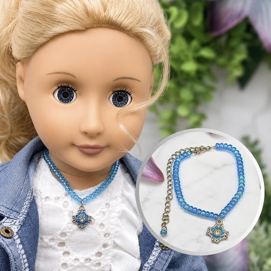 Iridescent Blue Beaded Doll Necklace W/ Pendant • 18” Fashion Doll Jewelry