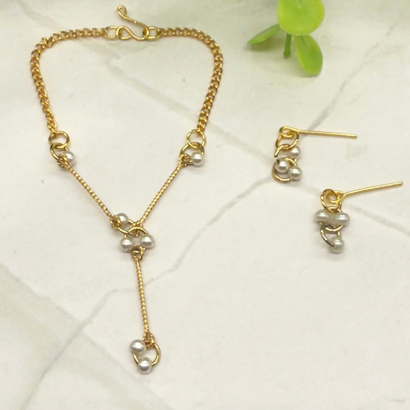 Pearl & Circle Y-Drop Gold Long Doll Necklace Earrings Set • 16” Doll Jewelry
