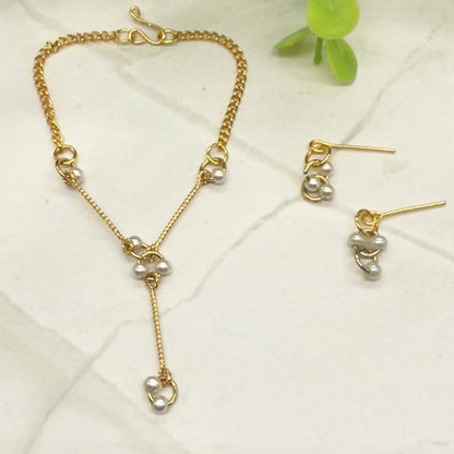 Pearl & Circle Y-Drop Gold Long Doll Necklace Earrings Set • 16” Doll Jewelry