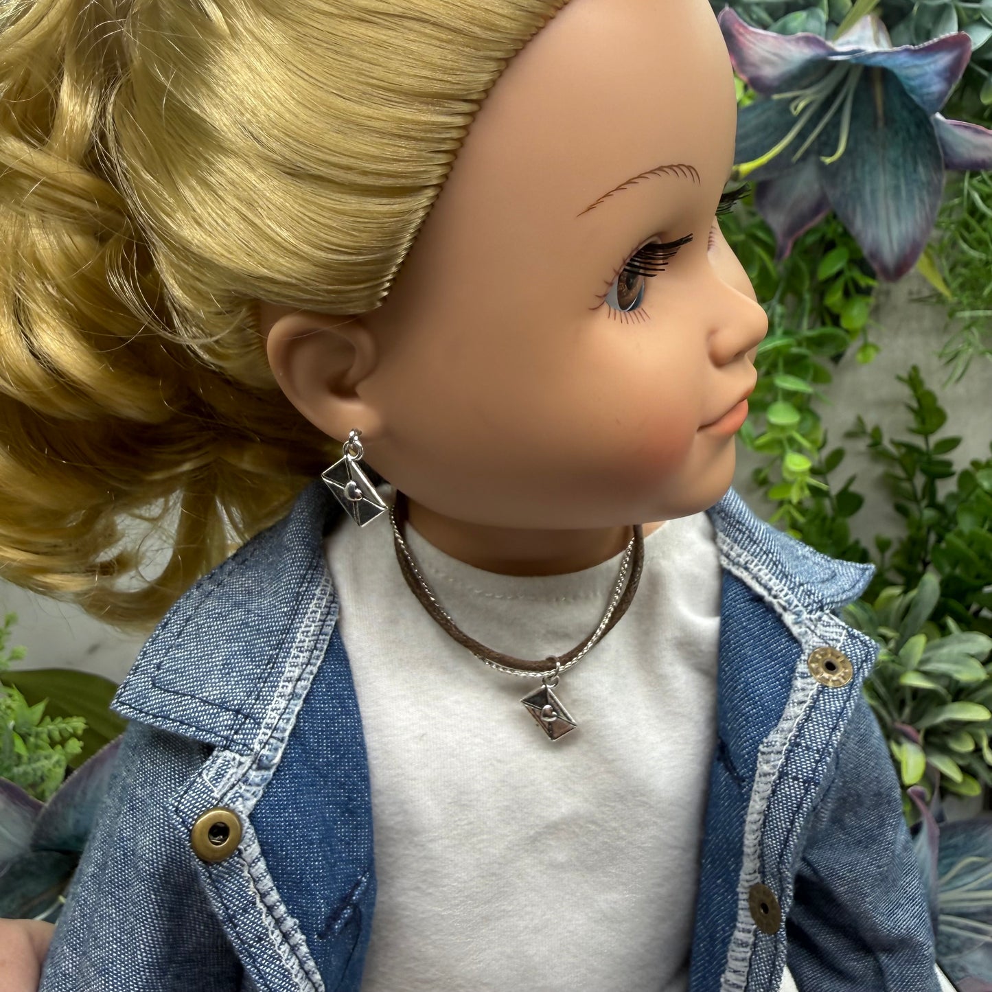 Brown Cord Silver Chain Love Letter Envelope Charm Doll Necklace & Earrings • 18 Inch Fashion Doll Jewelry