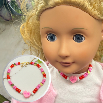 Pink Red White Beaded Love Heart Valentine’s Day Necklace • 18 Inch Fashion Doll Jewelry