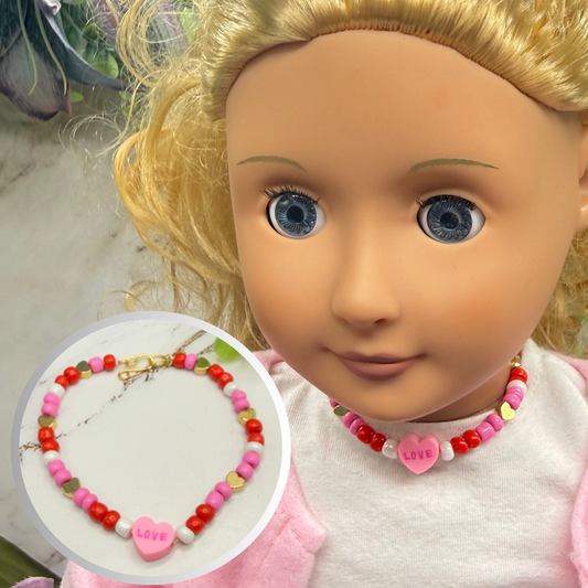 Pink Red White Beaded Love Heart Valentine’s Day Necklace • 18 Inch Fashion Doll Jewelry
