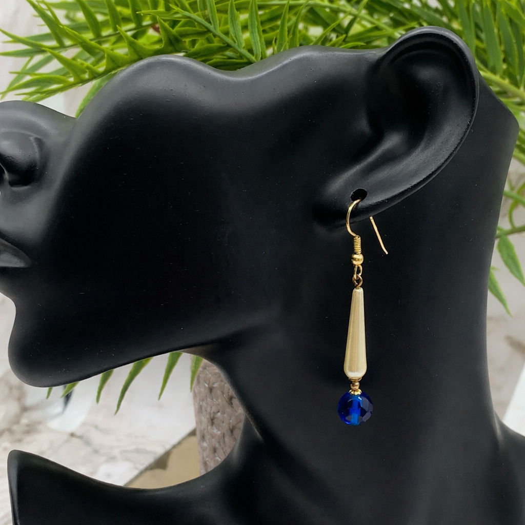 Elongated Teardrop Pearl & Blue Glass Crystal Dangle Earrings • Handmade