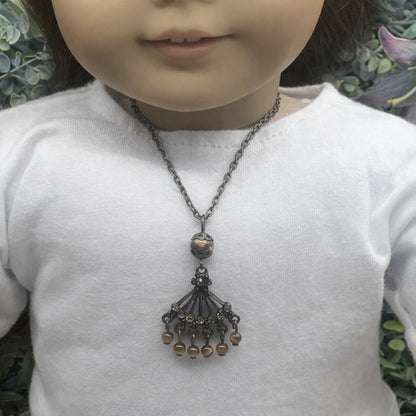 Bronze Fan Design Brown Bead Dangle Pendant Doll Necklace • 18 inch Doll Jewelry