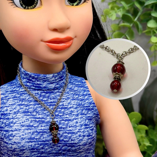 Red Glass Pendant Silver Chain Doll Necklace • 18 Inch Fashion Doll Jewelry