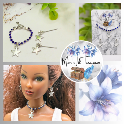 Blue Rhinestone Silver Star Charm Doll Necklace & Earrings for 16 Inch Fashion Doll