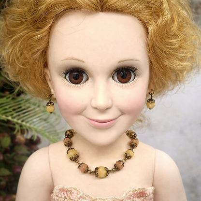 Brown Beige Bead Bronze Filigree Necklace Earrings Set for 18-22” Vintage Doll