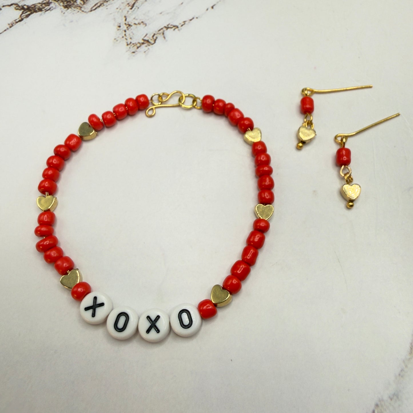 Red White Gold Bead XOXO Heart Doll Necklace & Earrings Set • 18 Inch Fashion Doll Jewelry