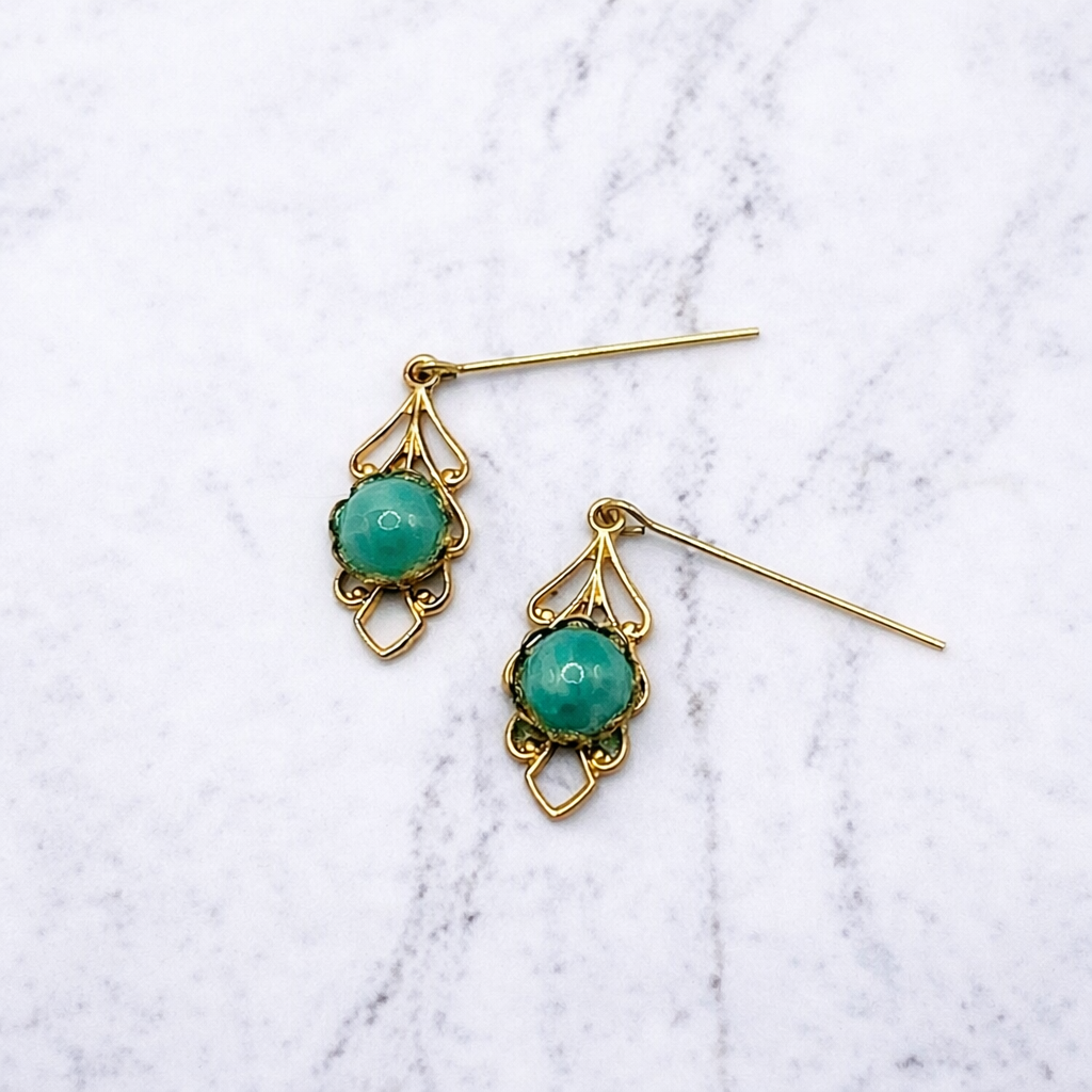 Gold Filigree Green Center Dangle Doll Earrings • 18 Inch Fashion Doll Jewelry
