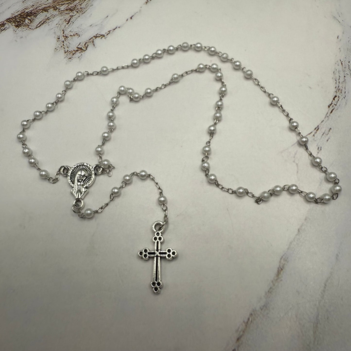 White Pearl Beaded Silver Chain & Cross • Doll Size Catholic Rosary for 18-22” Fashion or Vintage Dolls