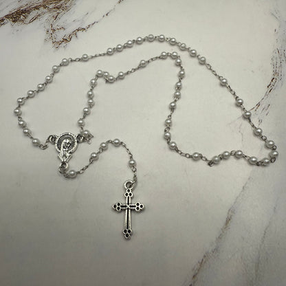 White Pearl Beaded Silver Chain & Cross • Doll Size Catholic Rosary for 18-22” Fashion or Vintage Dolls